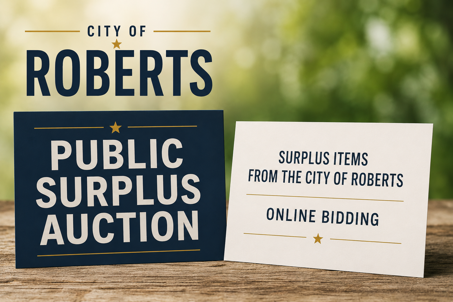 A clean, professional promotional graphic announcing a City of Roberts public surplus auction. The design features a soft-focus green outdoor background with a modern, minimalist layout. Large bold text reads “CITY OF ROBERTS” and “PUBLIC SURPLUS AUCTION