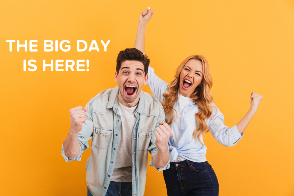 Yellow Back Ground with women and man excited that "the big day is here"